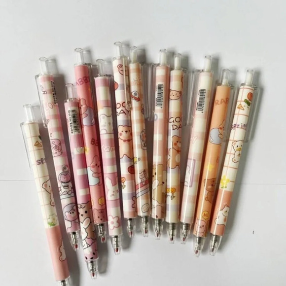 6 pc pink cartoon bear design black ink writing pens students office notes art - Picture 4 of 4